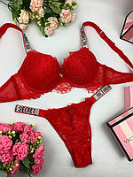 Красный Кружевной комплект Виктория Сикрет со стразами Бюстгальтер Пуш-Ап, Красный Комплект Victoria's Secret 80В