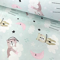 Ткань поплин спящие мишки на облаках в бежево-розовых тонах на мятном (ТУРЦИЯ шир. 2,4 м) (R-T-0614)