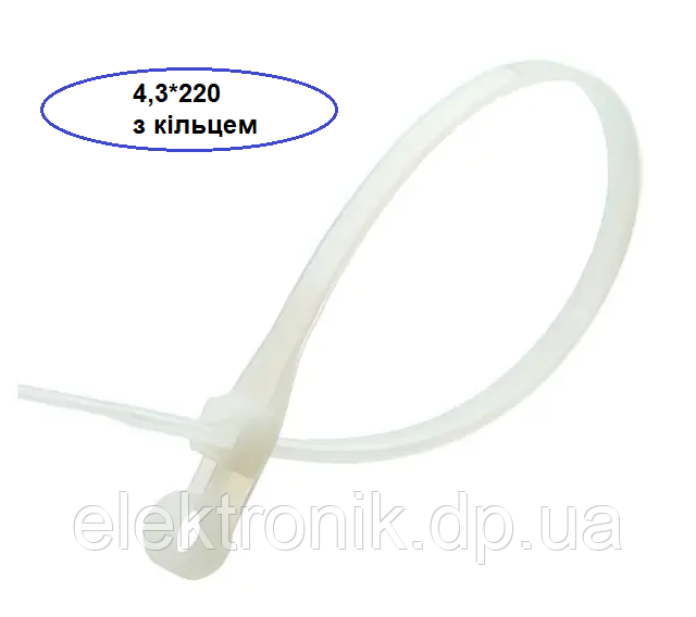 Кабельна стяжка нейлонова з кільцем 4,3*220 (4,8*200 мм) біла/чорна Takel