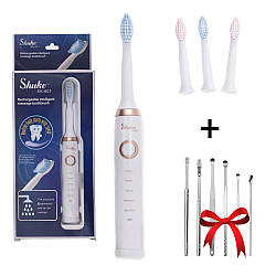 Електрична зубна щітка Shuke з 4-ма насадками Біла + Подарунок Набір інструментів для чищення вух