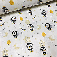 Ткань поплин пингвины на бежево-желтых шариках на белом (ТУРЦИЯ шир. 2,4 м) (R-T-0620)