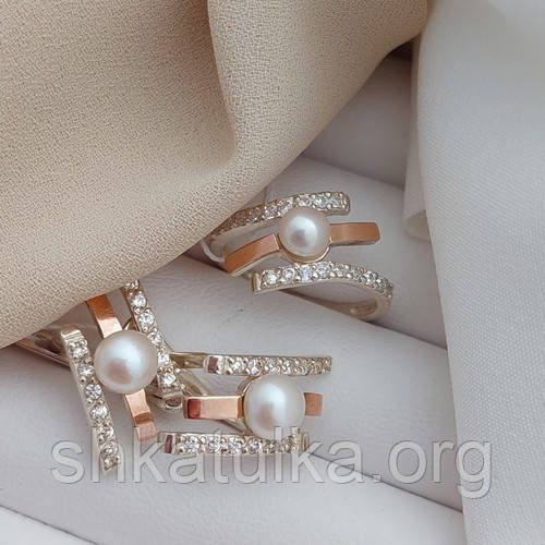 Комплект каблучка та сережки Нінель з золотом та фіанітами з перлами, фото 1