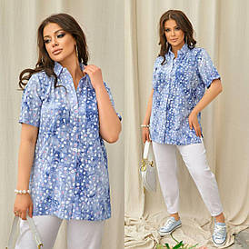 Подовжена літня жіноча сорочка синя меланж зі штапелю (7 кольорів) АТ/-60236/1