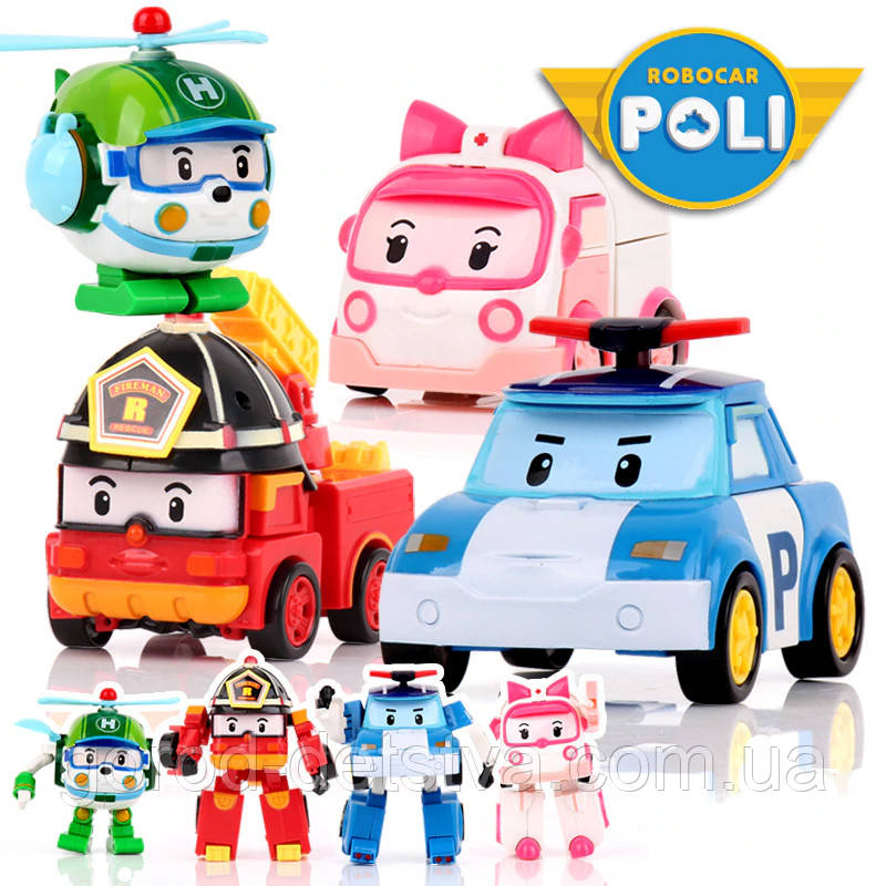 Ігровий набір Робокар Полі Robocar Poli 4 фігурки машинка трансформується в робота Висота 10-12 см (DT-335А)