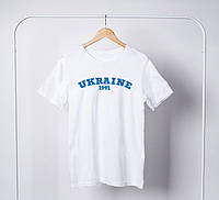 Класна футболка для хлопців із принтом "UKRAINE 1991" патріотична, стильна з круглим вирізом білого кольору