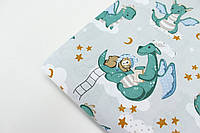 Дитяча тканина "Милі дракони та сплячі ведмедики" на сірому тлі № 3081