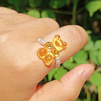 Кольцо с мишкой оранжевое с бусинками, размер универсальный