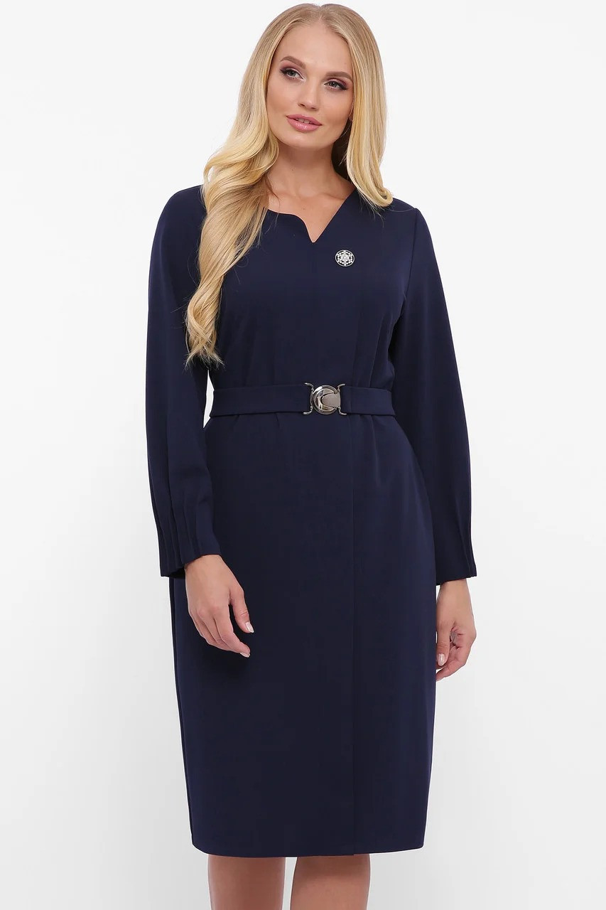 Жіноча офісна сукня синього кольору з поясом, великого розміру від 50 до 58