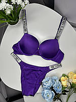 Фиолетовый комплект белья Victoria's Secret push up, Женский набор белья Виктория Сикрет со стразами