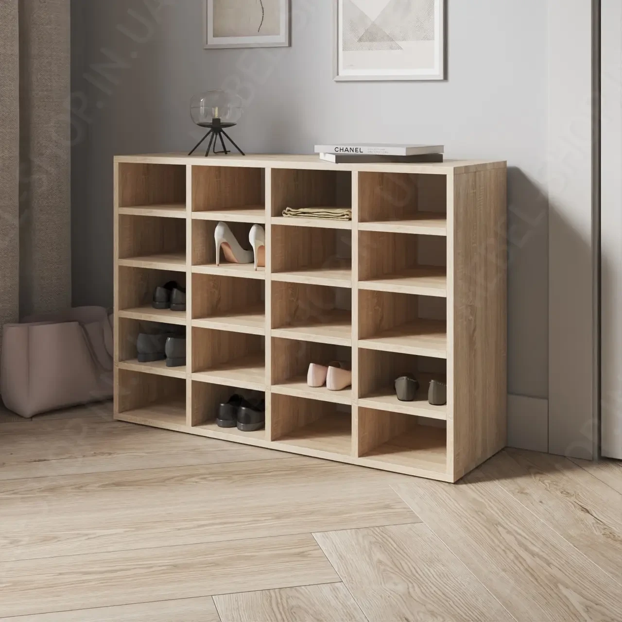 Взуттєвий стелаж на 20 відкритих комірок з ДСП Полиці для взуття 920 мм у передпокій Містка взуттєвниця, фото 1