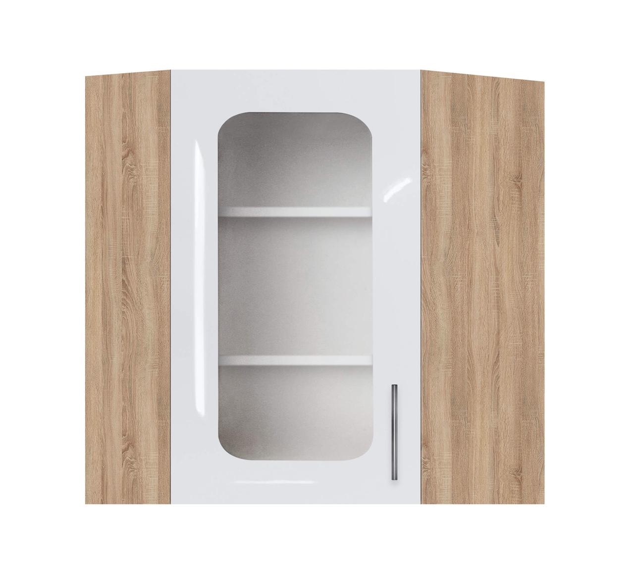 Кутова шафа навісна (вітрина) (скло 4 мм) ЛЮКС із фарбованими МДФ фасадами МАКСІ-Мебель Дуб сонома/Білий, фото 1