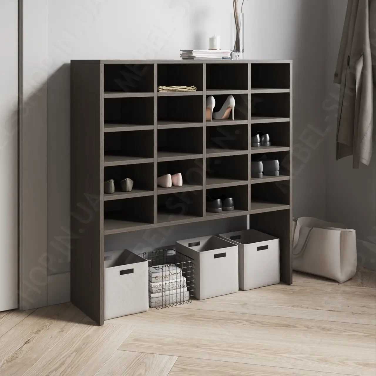 Стелаж для взуття ДСП Зручна взуттєва полиця з нішею під ящики Взуттєвниці у передпокій на 20 відкритих комірок, фото 1