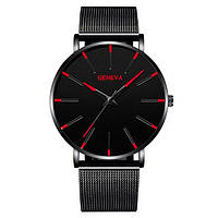 Наручные часы Geneva Fashion Red сетчатый ремешок минималистичные кварцевые часики мужские/женские (унисекс)