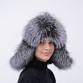 Зимова тепла шапка-вушанка Унісекс з натурального хутра блюфросту Чорнобурка