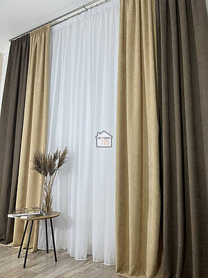 Комплект штор пісочний+коричневий duo №1 двокольорові штори 1.5м/2шт. Мікровелюр на вікна в спальню та зал