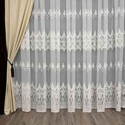 Бамбукова тюль із шикарною вишивкою No16151 для залу, вітальні Айворі, фото 1