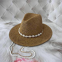 Летняя плетеная шляпа Федора с цепочкой и ракушками Paradise кофейная