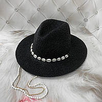 Літній плетений капелюх Федора з ланцюжком і мушлями Paradise чорний