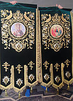 Великі хоругви зелені, вишивка на оксамит 135х60см