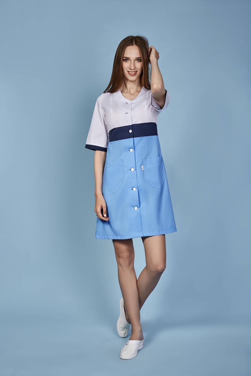 Жіночий медичний халат Роксолана білий з голубим - Халат для косметолога