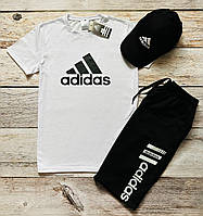 Мужской комплект футболка шорты кепка (бейсболка) летний Adidas sea белый Спортивный комплект на лето Адидас