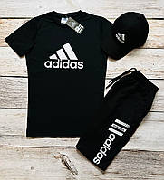 Мужской комплект футболка шорты кепка (бейсболка) летний Adidas sea черный Спортивный комплект на лето Адидас