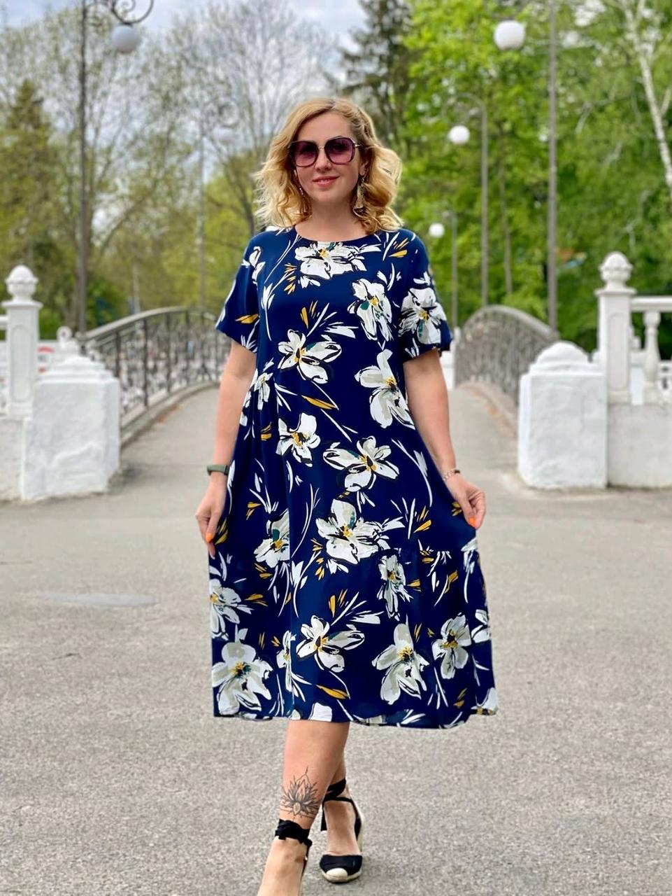 Жіноче літне плаття синього кольору з короткими рукавами (M,L,XL,2XL)