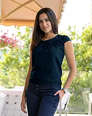 Бежева ділова блуза з короткими рукавами і драпіровкою, фото 5