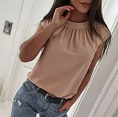 Бежева ділова блуза з короткими рукавами і драпіровкою, фото 4