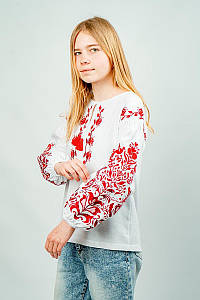 Вишиванка для дівчинки з пишними рукавами і червоною гладдю з пташками і квітами 122–164