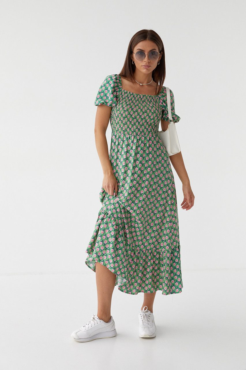 Женское длинное платье с эластичным поясом Fame istanbul - зеленый цвет, S (есть размеры) - фото 1 - id-p1847602032