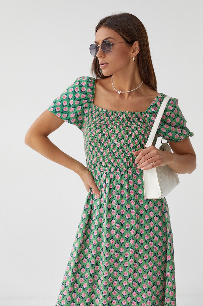 Женское длинное платье с эластичным поясом Fame istanbul - зеленый цвет, S (есть размеры) - фото 3 - id-p1847602032