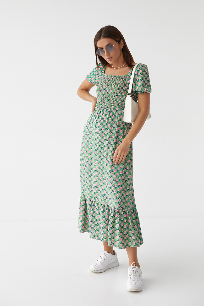 Женское длинное платье с эластичным поясом Fame istanbul - зеленый цвет, S (есть размеры) - фото 5 - id-p1847602032