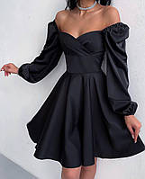 Женское красивое вечернее однотонное мини-платье с длинным рукавом (черный, бутылочный)