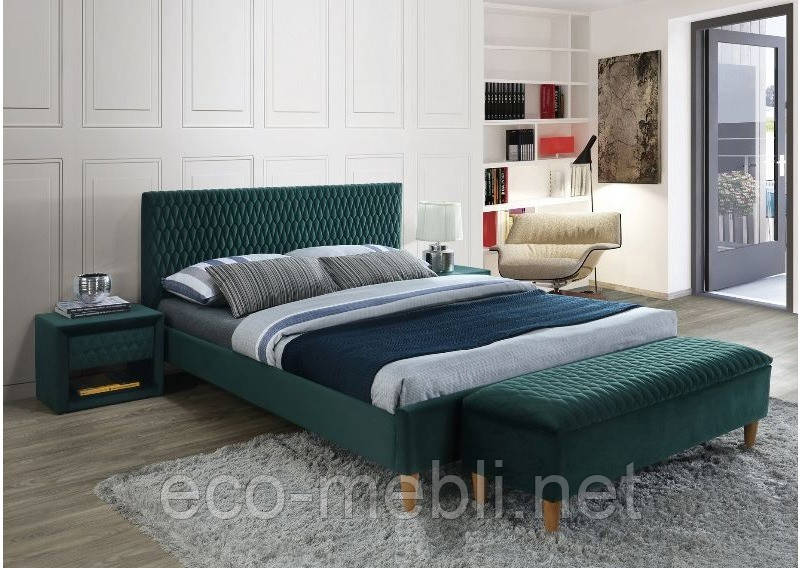 Півтораспальне ліжко у спальню з мякою оббивкою Azurro velvet 140х200 зелений Signal