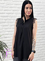 Ніжна чорна блуза з мереживом | Блуза літня чорного кольору, вільного крою, тонка "Олена", норма