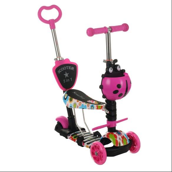 Самокат-беговел SCOOTER дитячий з батьківською ручкою, що світяться колеса "Божа Корівка" (5в1) Рожевий