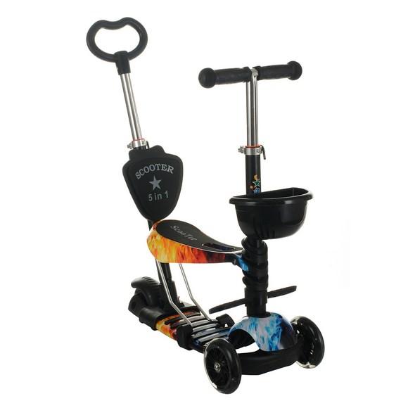 Самокат-беговел SCOOTER дитячий з батьківською ручкою, що світяться колеса "Божа Корівка" (5в1) чорний
