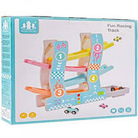 Дитячий дерев'яний 4-рівневий автотрек і 6 машинок