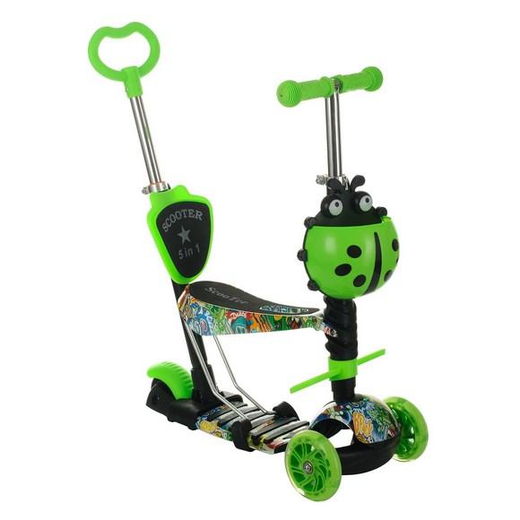 Самокат-беговел SCOOTER дитячий з батьківською ручкою, що світяться колеса "Божа Корівка" (5в1) Зелений
