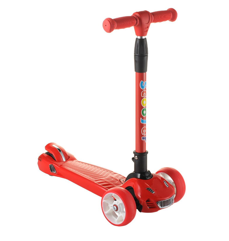 Scooter дитячий складаний триколісний самокат з світяться колеса у вигляді авто (червоний)