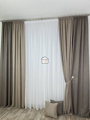 Двоколірні штори мікровелюр "какао+світле какао" на вікна в спальню, зал та на кухню комплект Duo №7, 2штори/2.5м