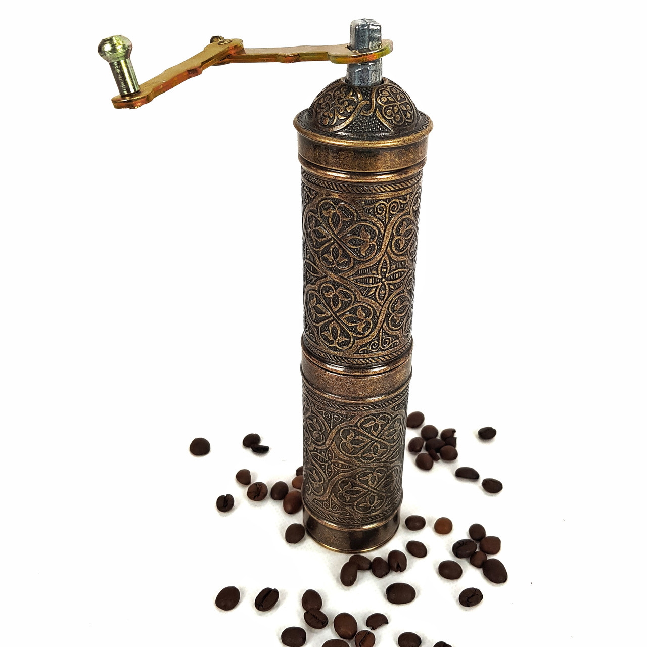 Турецька механічна ручна кавомолка жорна для помелу кави під турку металева 22см мідний колір