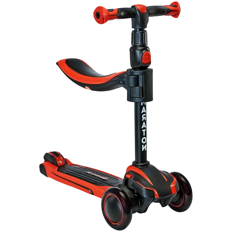 Триколісний самокат з світяться колесами і сидінням Maraton Flex (чорний з червоним), фото 1