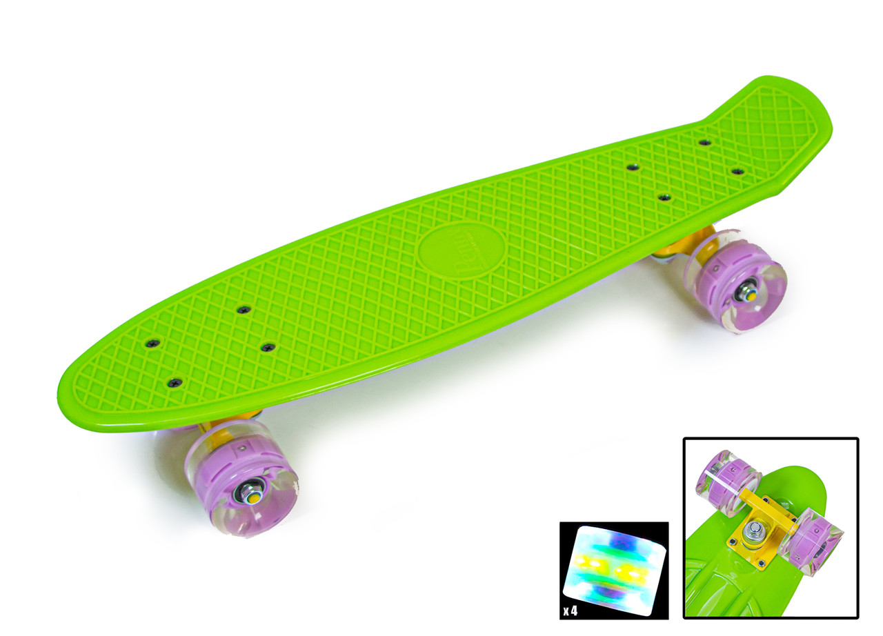 Дитячий безшумний міський скейт, трюковий для підлітків Penny Board Green Дека(Double Kick)Світні колеса