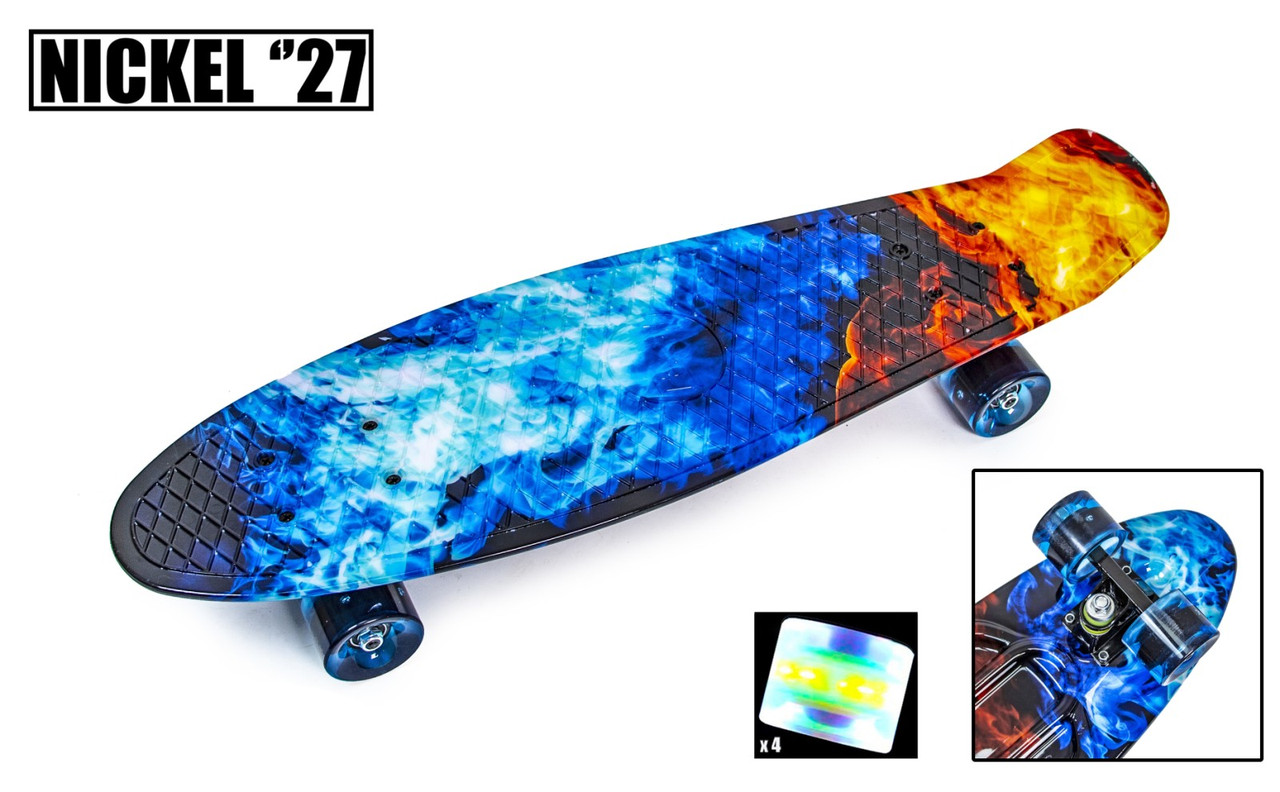 Трюковий міський безшумний Penny Board Nickel 27 світні PU колеса з принтом Fire and Ice.