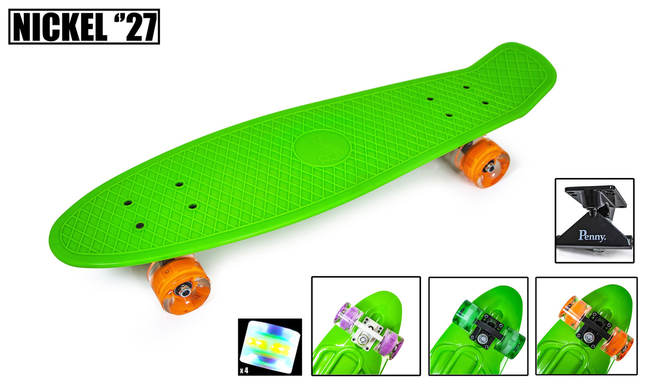 Трюковий з Декой кінцевий вигин Penny Board Nickel 27 Green Світні PU колеса. Безшумний, міський, легкий