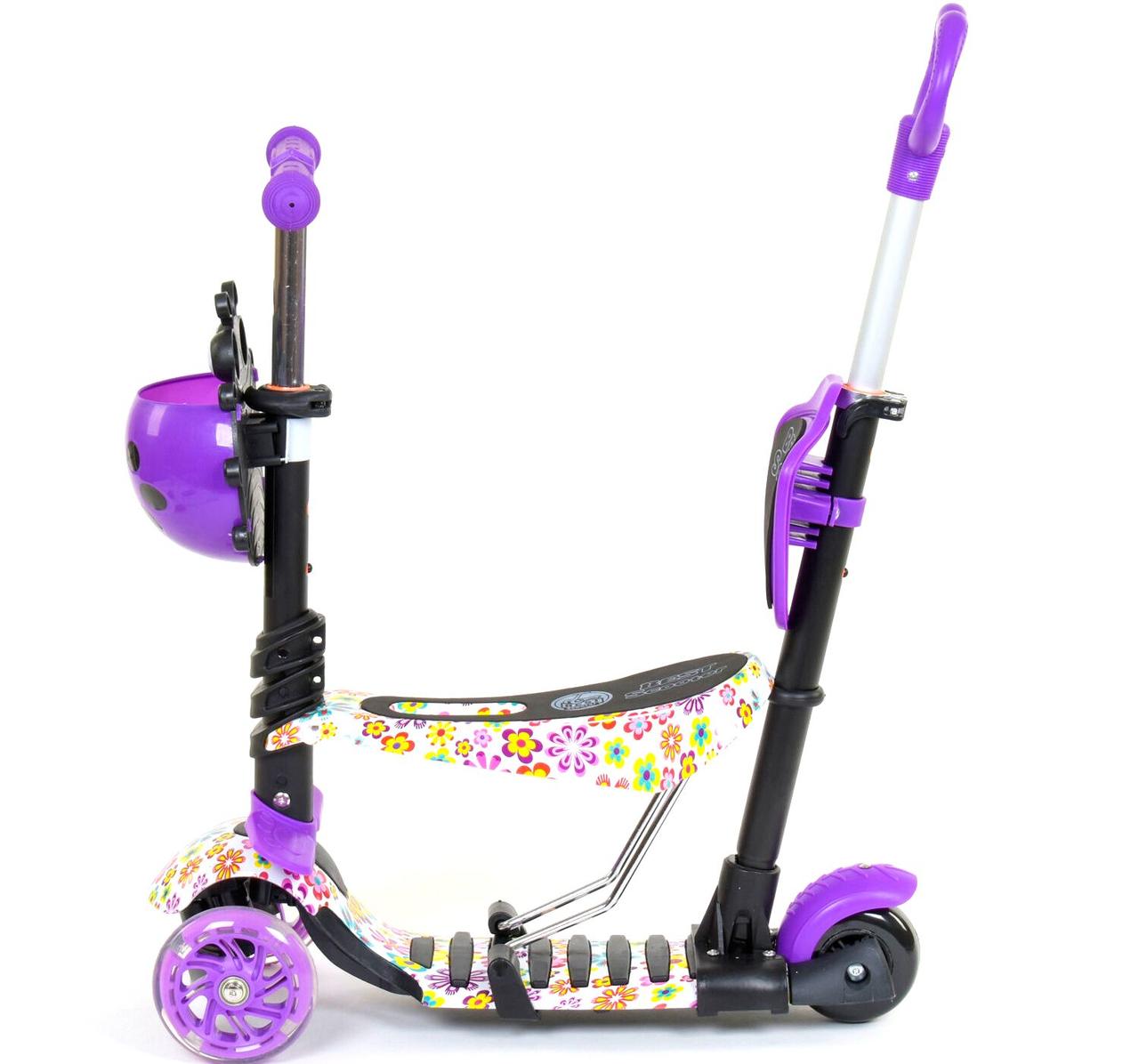 Триколісний дитячий самокат 5в1 "Best Scooter 97240" з колесами, що світяться, і сидінням (квіти).