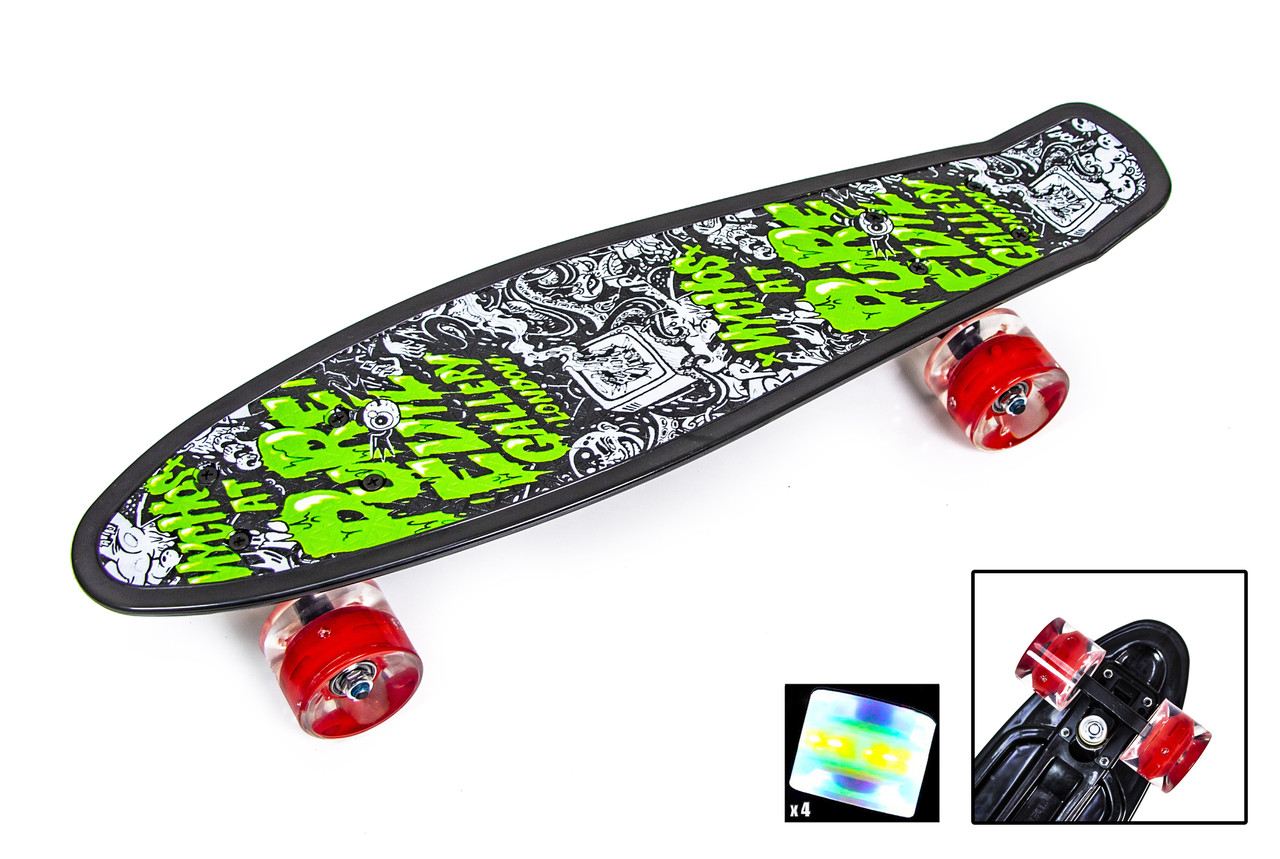 Дека (Double Kick) бесшумный городской  легкий прочный Penny Board Pure Evil з принтом Блискучі колеса