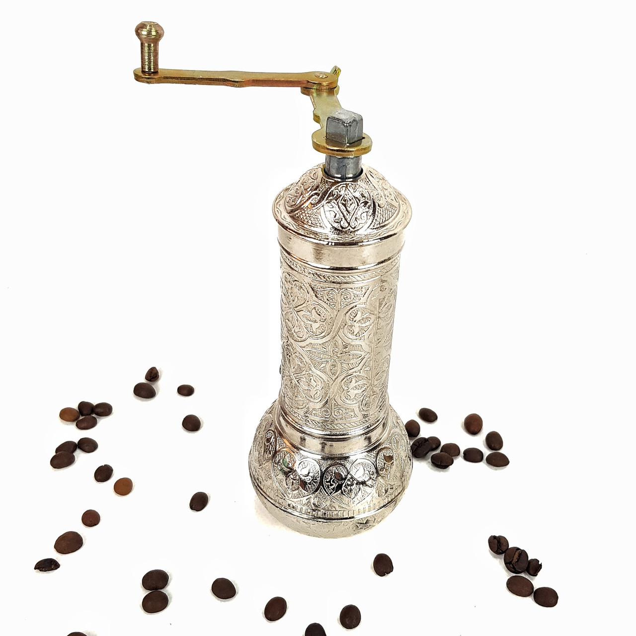 Турецька механічна ручна кавомолка срібляста SOZEN жорна для помелу під турку металева 21см